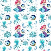 Seamless sea animals and mermaid cartoon character on white background vector