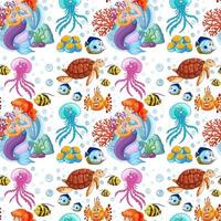 Mermaid and sea animals on white background vector