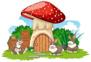 Mushroom house with three rabbits vector