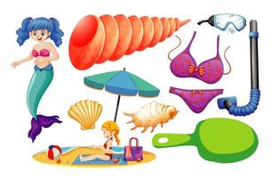 conjunto de iconos de sirena y verano vector