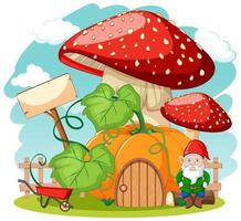 Gnomes and pumpkin mushroom house vector