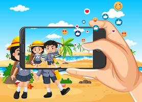 Taking travelling photo by smartphone  vector