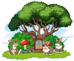 Tree house with three rabbits vector