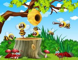 Muchas abejas y hormigas que viven en la escena del jardín con panal. vector