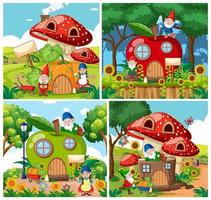 Set of isolated gnome fairy tale houses vector
