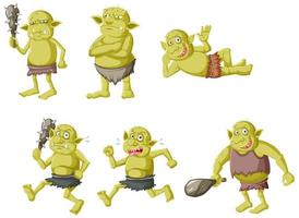 Conjunto de trolls verdes en diferentes poses. vector