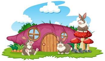 Taro house with three rabbits vector