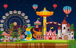 Amusement park scene at night with balloons in the sky vector