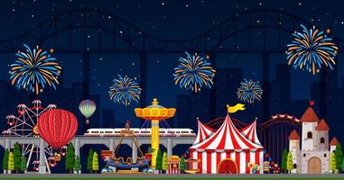 Amusement park scene at night with fireworks in the sky vector