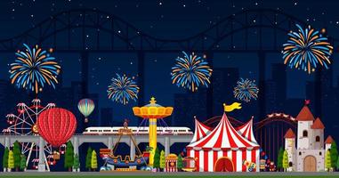 Amusement park scene at night with fireworks in the sky vector