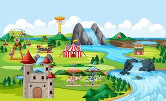 Amusement park with castle and many rides  vector