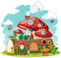 Gnomes and timber mushroom house and in the garden  vector