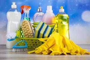 Variety of cleaning products, home work colorful theme photo