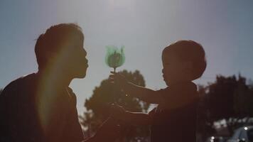 Slow motion of father and son playing with toy windmill video