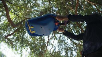 Slow motion of father pushing daughter on swing video