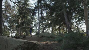 Slow motion of young woman running in woods video