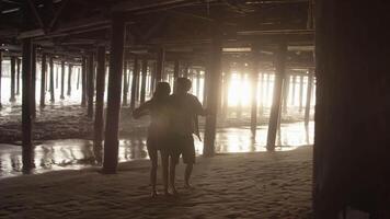 Slow motion of young couple dancing under pier video