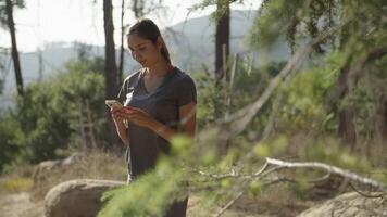 câmera lenta de mulher usando smartphone na floresta video