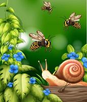 escena de la naturaleza con abejas y caracoles. vector