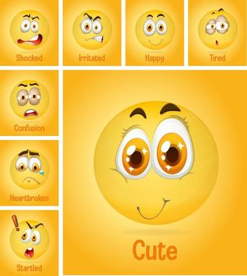 Set of different faces emoji on yellow background