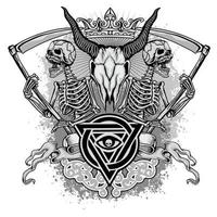 Grunge ram skull with skeletons and trinity symbol vector