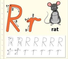 Letter R tracing alphabet worksheet with rat vector