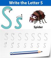 Letter S tracing alphabet worksheet with spider  vector