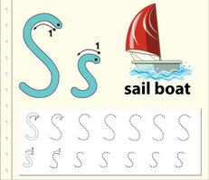 Letter S tracing alphabet worksheet with sailboat vector