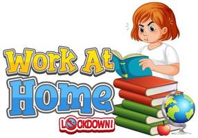 cartel de trabajo desde casa con niña leyendo libros vector