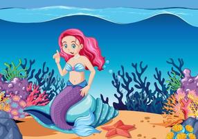lindo personaje de dibujos animados de sirena bajo el fondo del mar vector