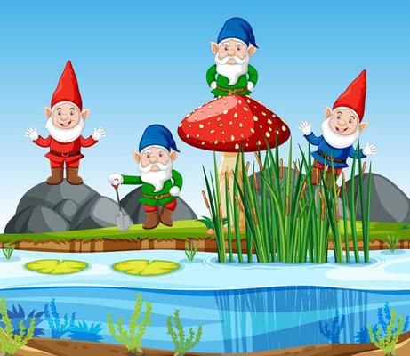 Gnomes group standing beside swamp in cartoon style