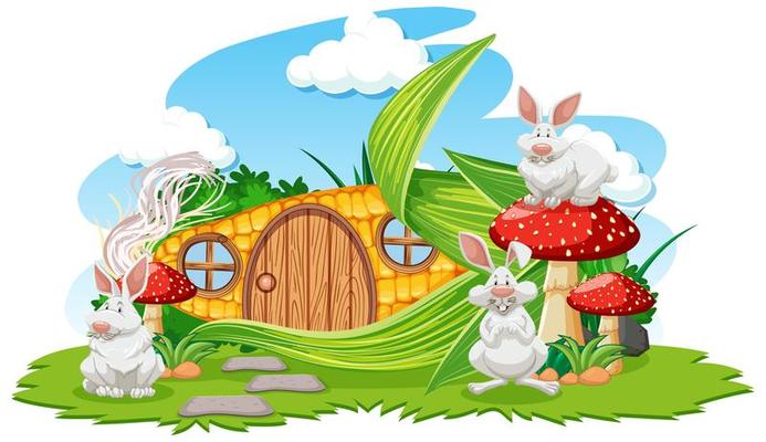 Corn house with three rabbits in cartoon style