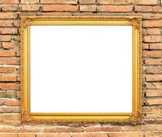 blank golden frame on brick stone wall photo