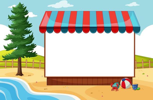 Blank banner with awning in beach scene