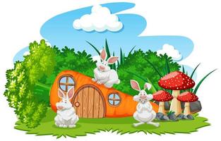 Carrot house with three bunnies cartoon style  vector