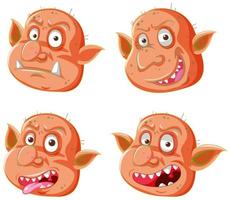 conjunto de expresiones faciales de duende o troll naranja vector