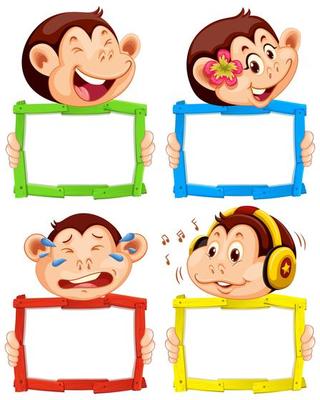 Colorful wood frames with monkeys on white