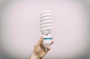 mano que sostiene la lámpara fluorescente en forma de espiral de gran eficiencia energética. foto