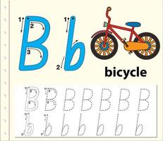 Letter B tracing alphabet worksheet with bicycle  vector