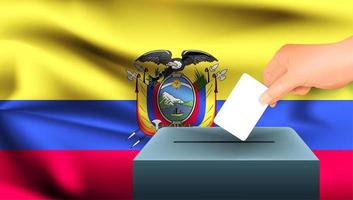 Mano poniendo papeleta en urna con bandera ecuatoriana vector