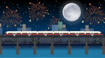 tren cruza el río con fuegos artificiales de celebración vector