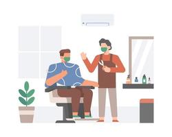 barbero y cliente con mascarilla vector