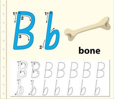 Letter B tracing alphabet worksheet with bone  vector