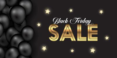 Black Friday banner with gold stars and balloons vector