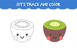 Trace and color cute Kiwi educational worksheet vector