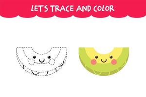 Trace and color cute Honeydew Melon educational worksheet
