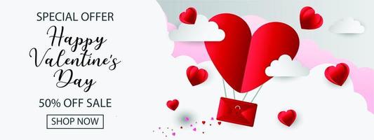 Banner de oferta especial de San Valentín con sobre de corazón en las nubes vector