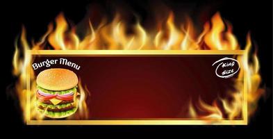 Flaming frame burger menu advertisement vector