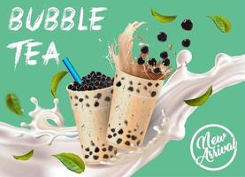 Bubble milk tea cups with splash and leaves ad vector