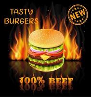 Flaming burger with reflection advertisement vector